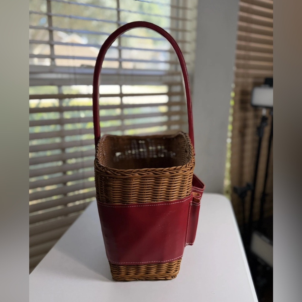 Vintage Wicker Garden Tote Basket, Red Faux Leather Tool Organizer,Decor Storage - Picture 6 of 8